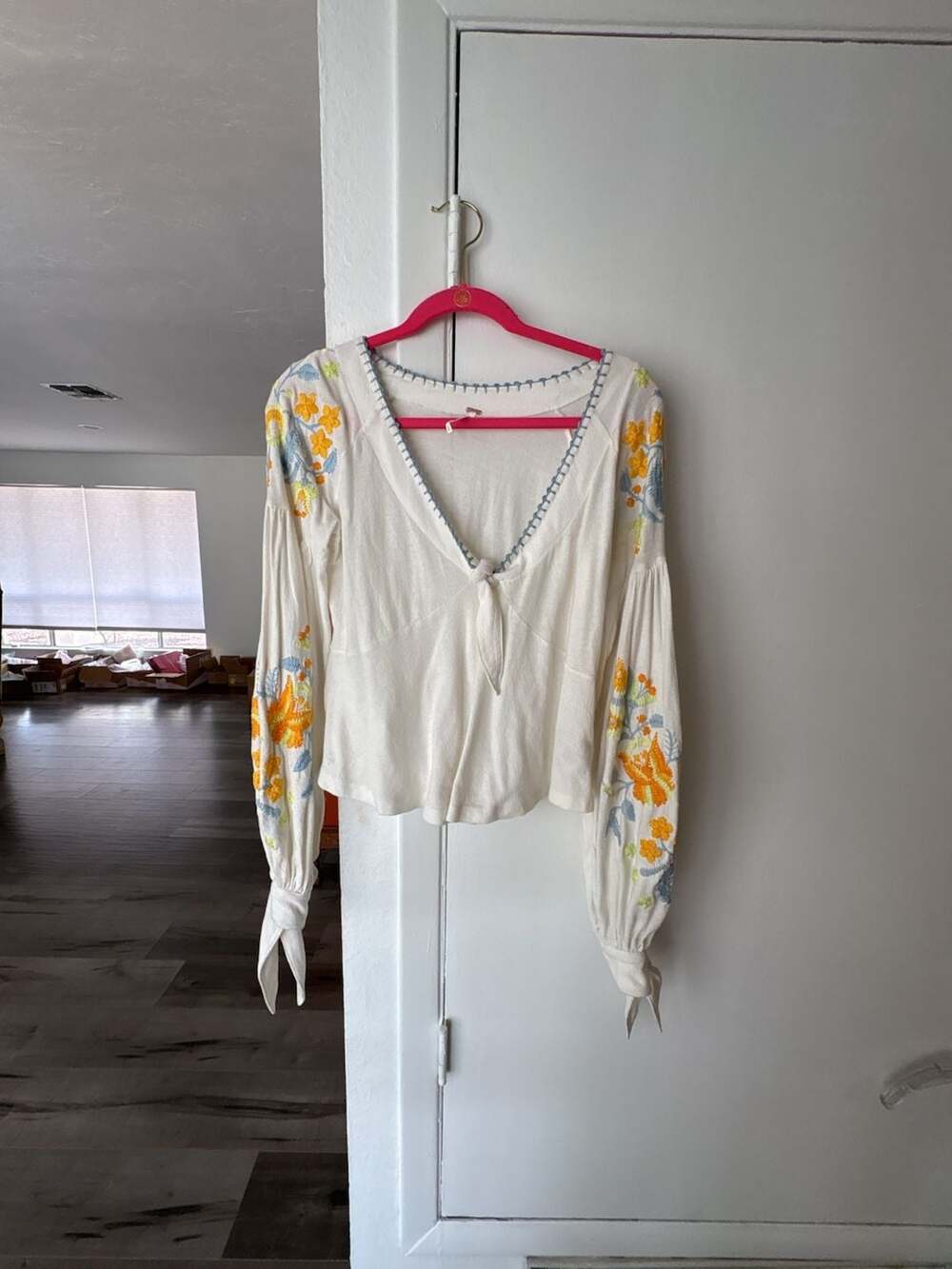 Free People KARA TOP OB933130 Ivory Embroidered Long Sleeve Blouse